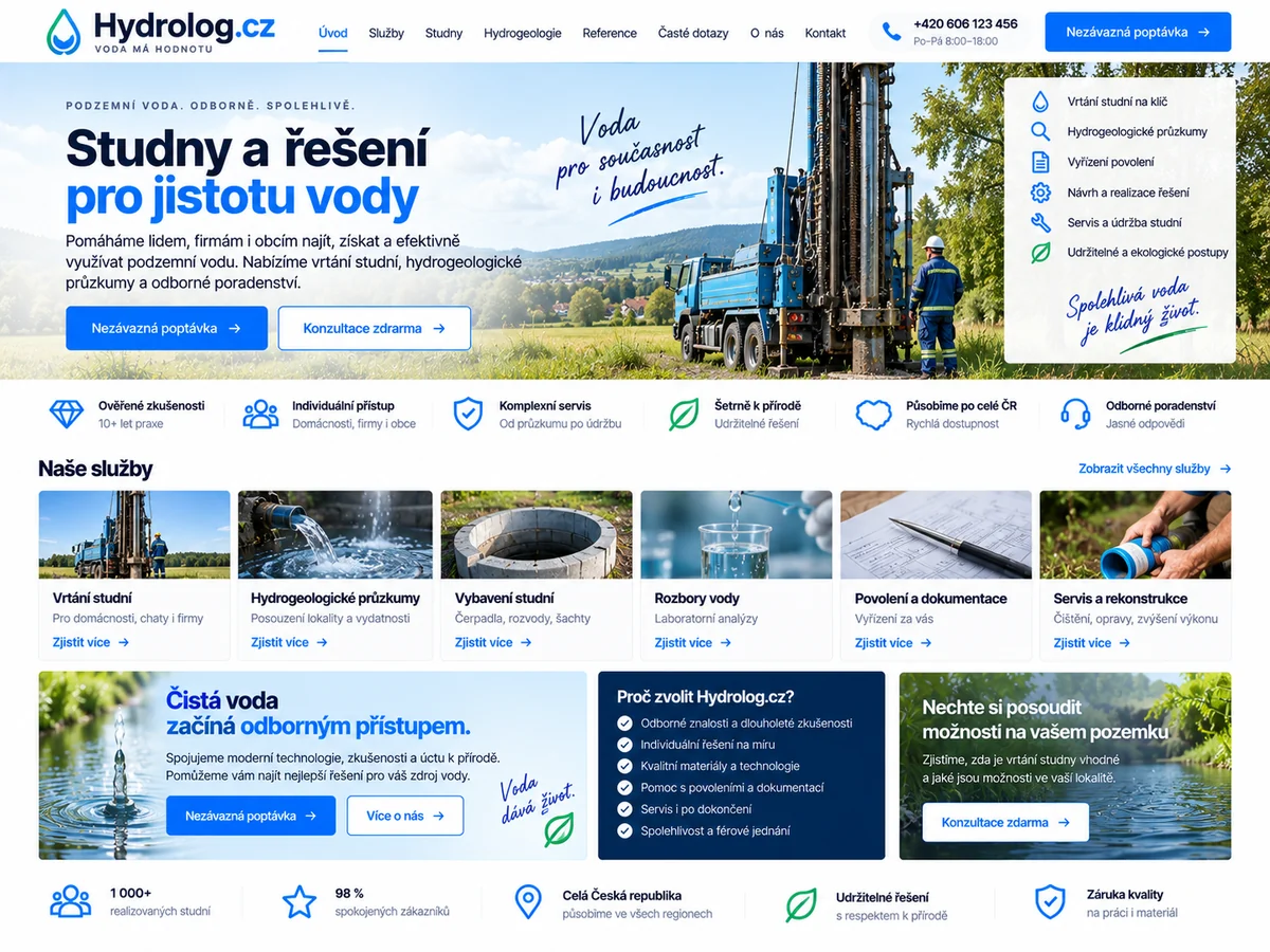 Ilustrační návrh webu pro hydrogeologii, podzemní vodu a odborné poradenství na doméně Hydrolog.cz